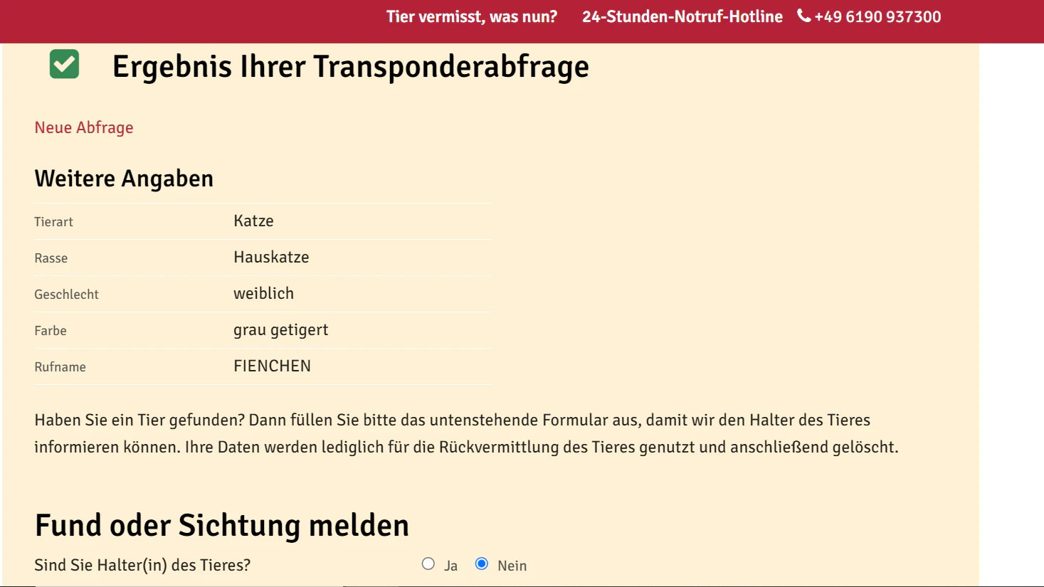Die Suche mit dem Chip-Code der Katze hat auf der Tasso-Internetseite Erfolg. Der Kontakt mit dem Eigentümer wird gemacht