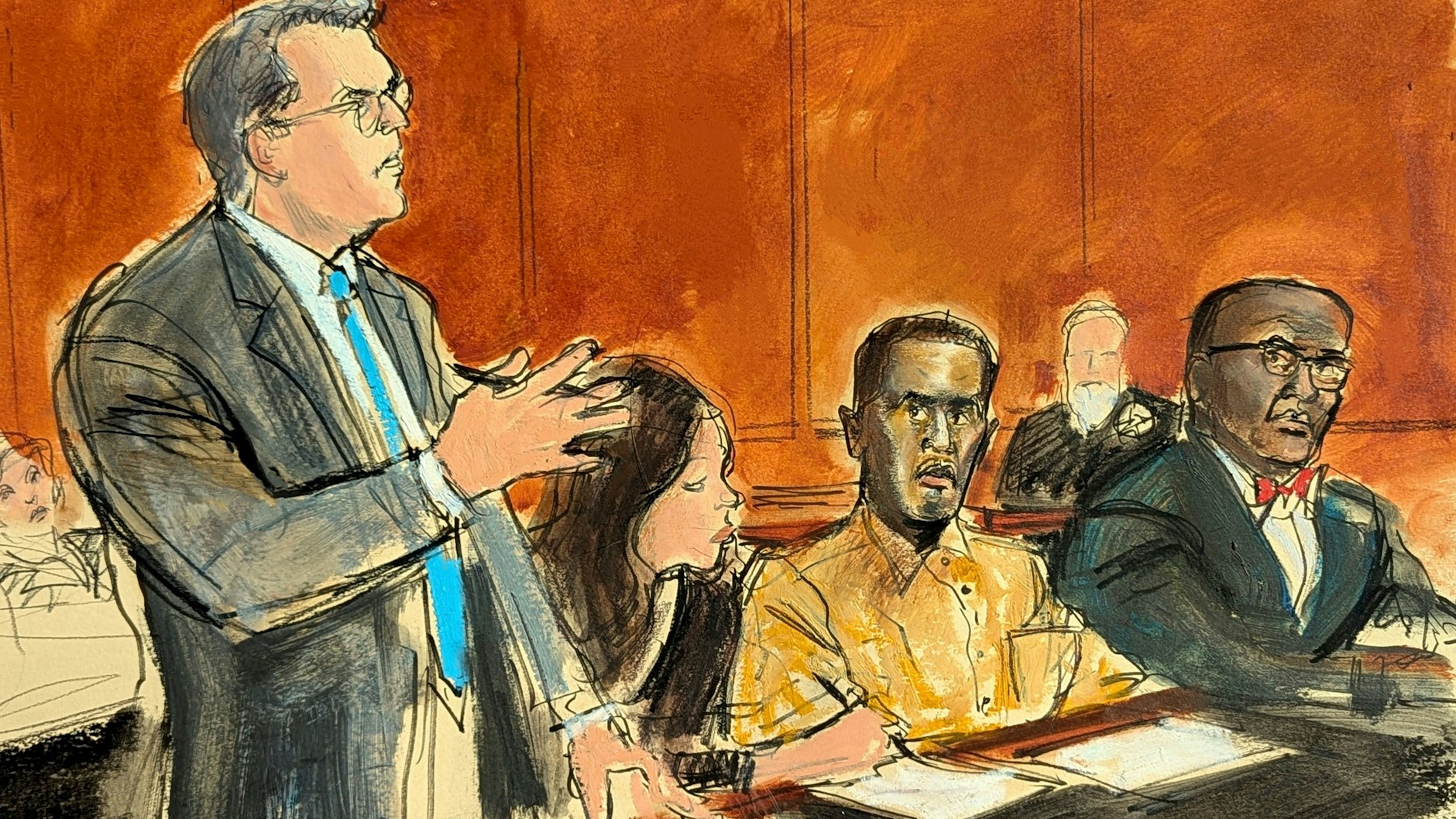 Sexhandel, Organisierte Kriminalität und zahlreiche Sexualverbrechen – immer mehr Anschuldigungen werden gegen US-Rapper P. Diddy erhoben. Die Zeichnung zeigt ihn in oranger Gefängniskleidung am 10. Oktober vor Gericht mit seinen Anwälten.