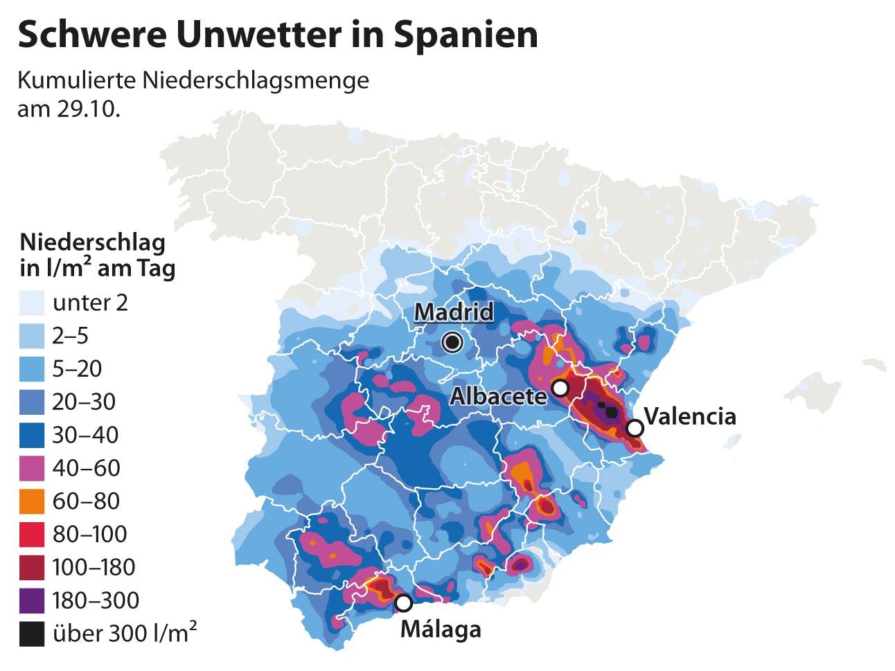 Manche Orte in Spanien verzeichneten mehr als 300 Liter Regen pro Quadratmeter.