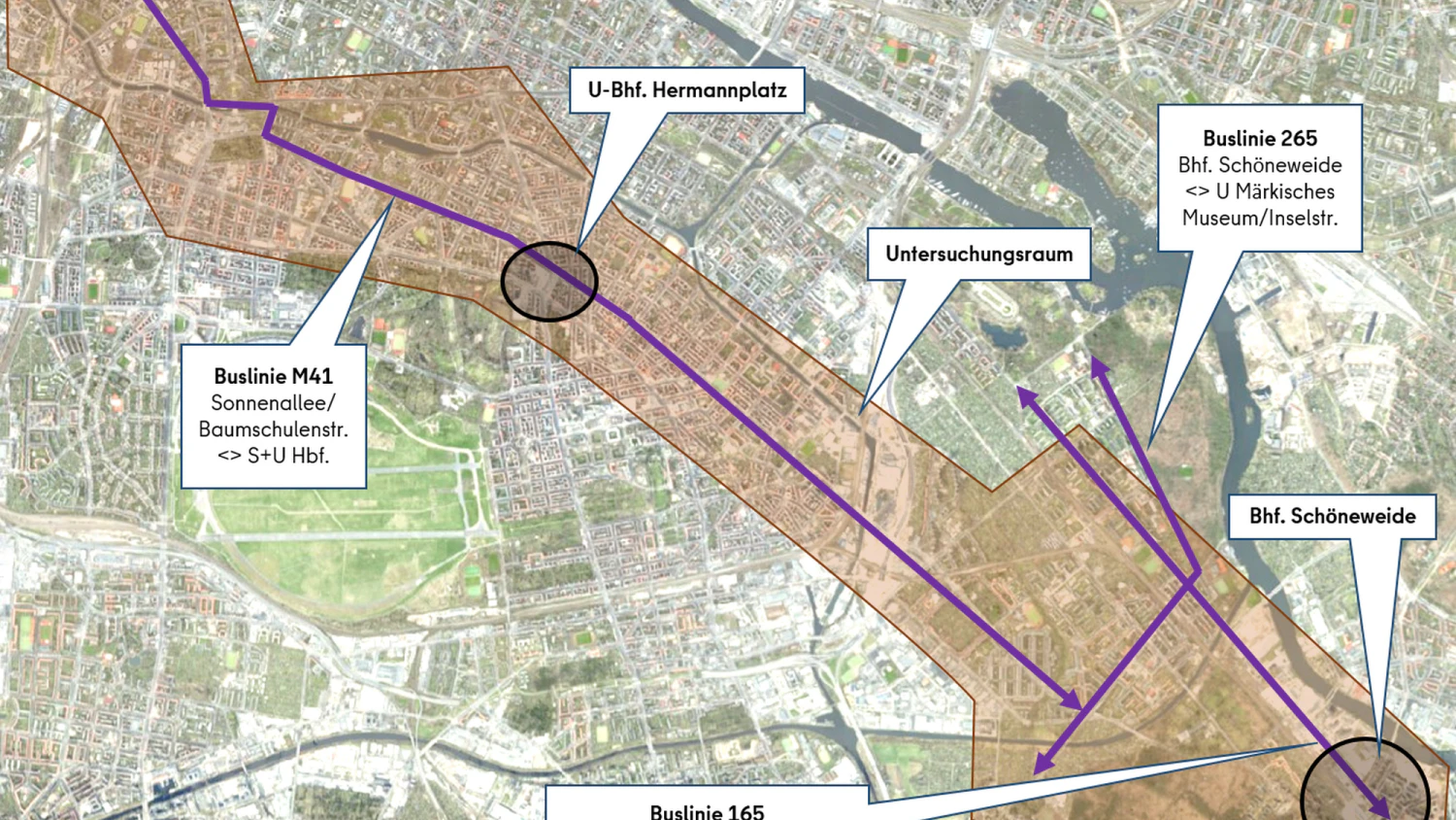 Vom Berliner Südosten in Richtung Berliner Zentrum soll zukünftig das Straßenbahnnetz in Richtung Potsdamer Platz erweitert werden. Die Verkehrsverwaltung führt hierzu eine Grundlagenermittlung durch.