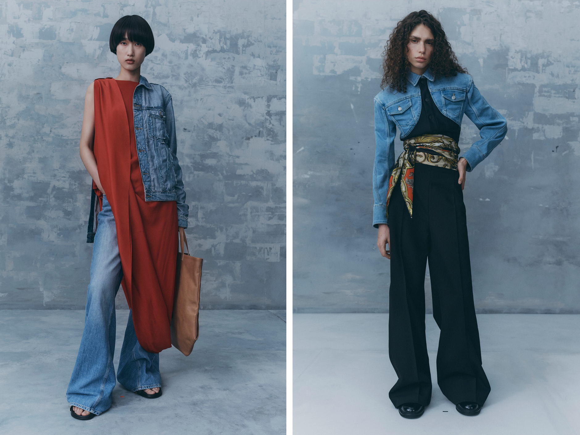 Designermode von H&M: T-Shirt von Moschino und Kleid Rabanne (links), Bolerojacke von Mugler und Seidentuch von Toga.