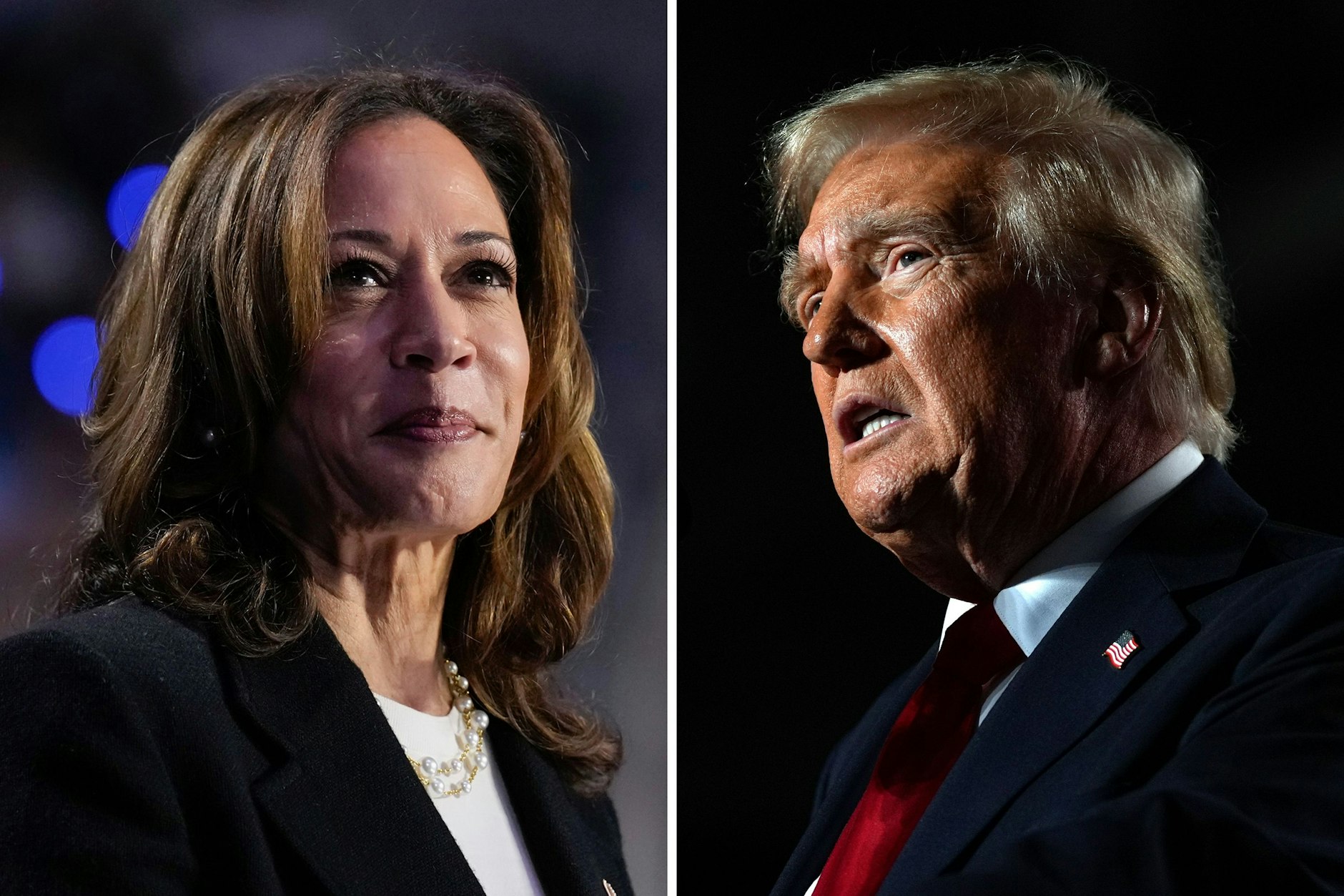 Die demokratische US-Präsidentschaftskandidatin Kamala Harris (l.) und ihr Herausforderer der Republikaner, Donald Trump, liegen in Umfragen fast gleichauf.
