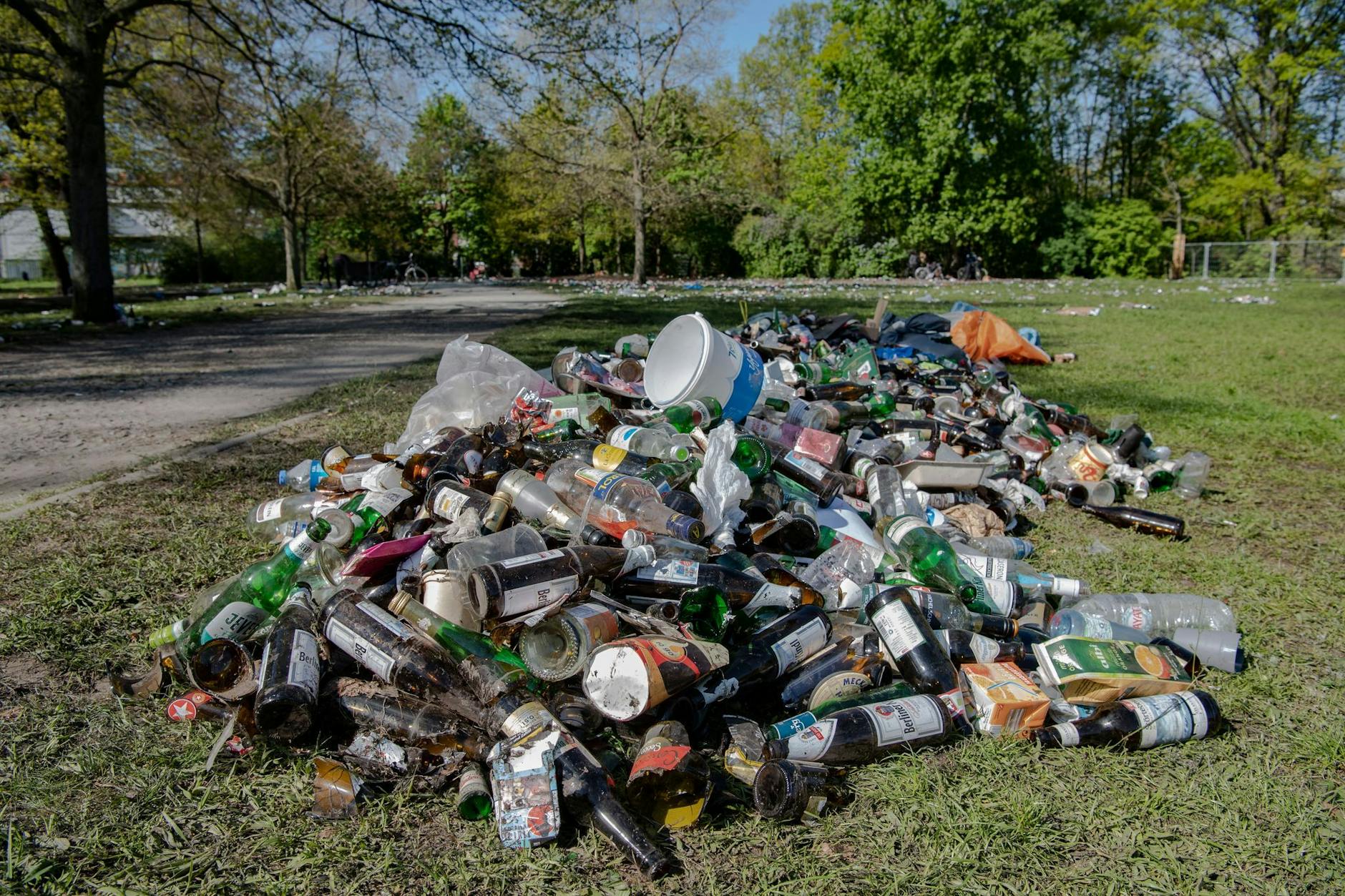 Müll- statt Grünfläche: Der Treptower Park nach einem „Feier“-Tag.