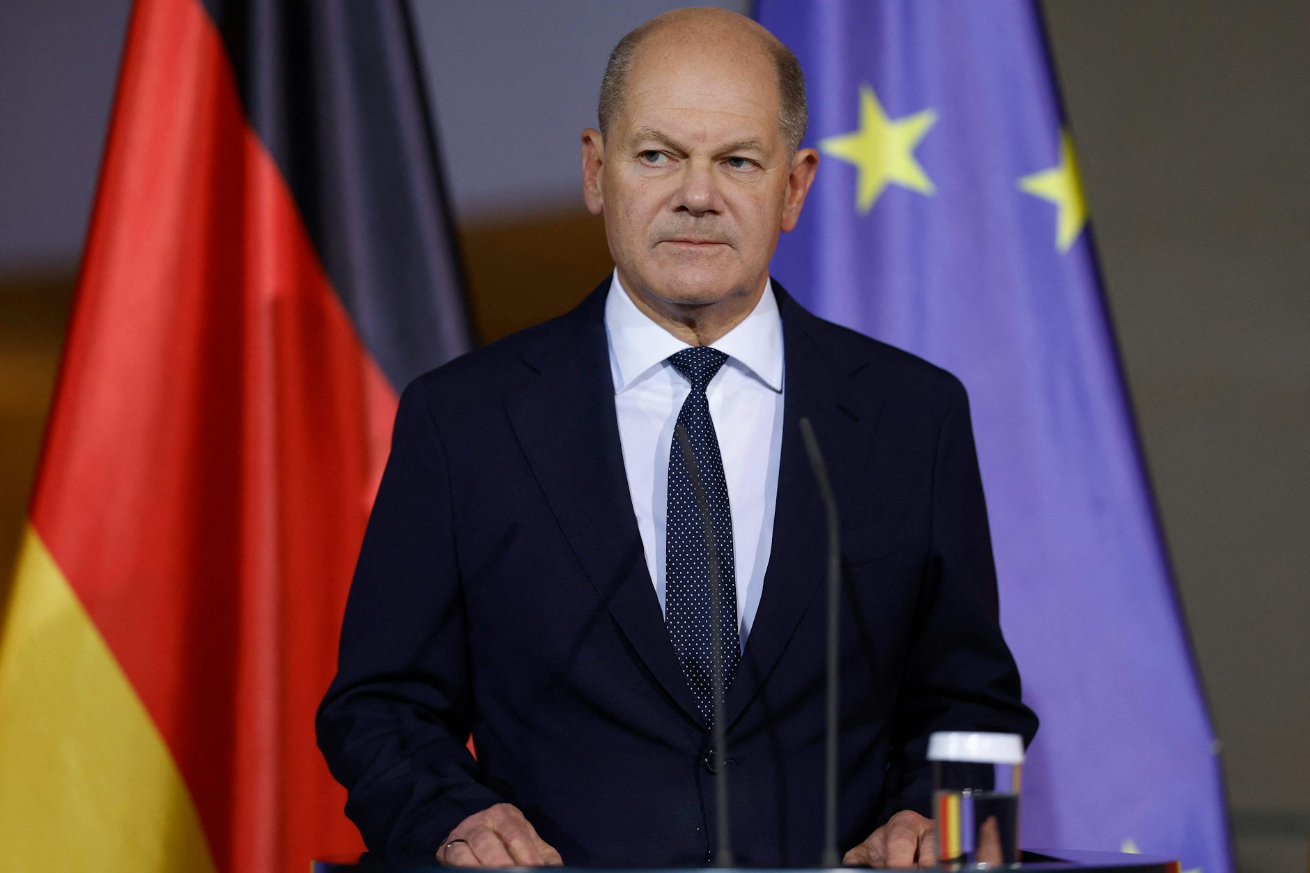 Bundeskanzler Olaf Scholz während seiner Erklärung am Mittwoch im Kanzleramt.