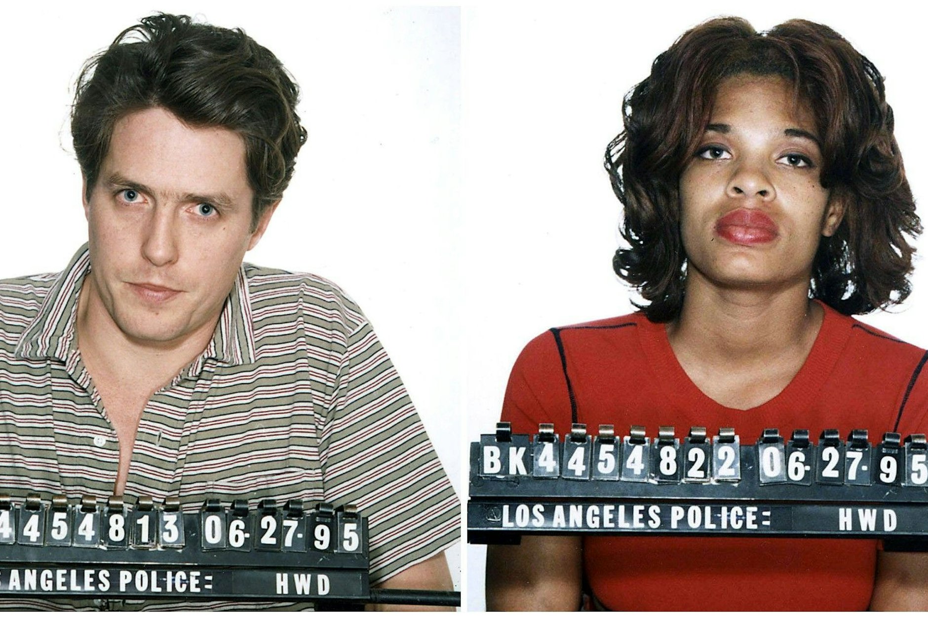 Der britische Schauspieler Hugh Grant und das amerikanische Callgirl Divine Brown nach ihrer Festnahme in Los Angeles 1995. 