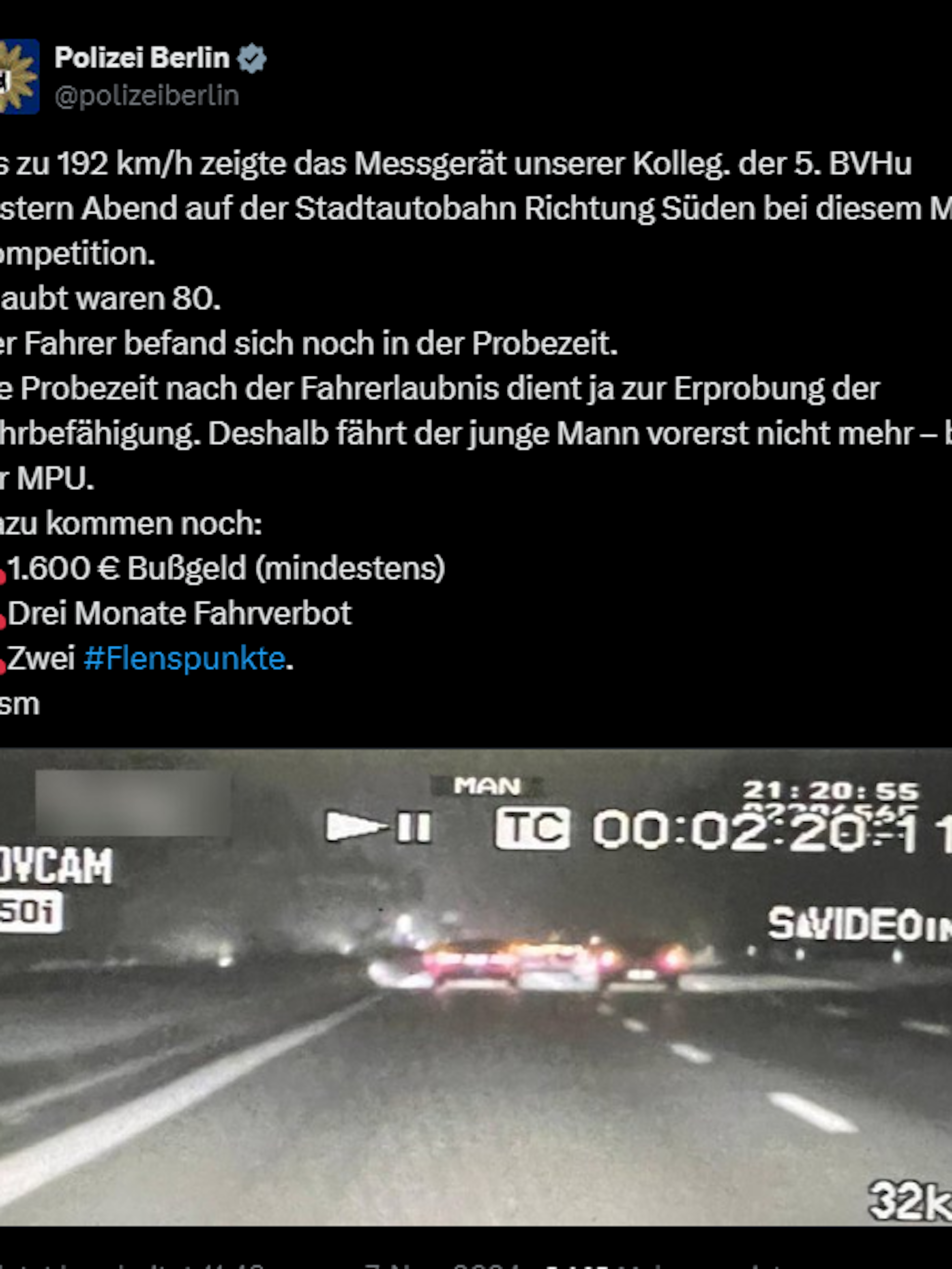 So vermeldete die Berliner Polizei die irre Raserei des Fahranfängers auf der Plattform X.