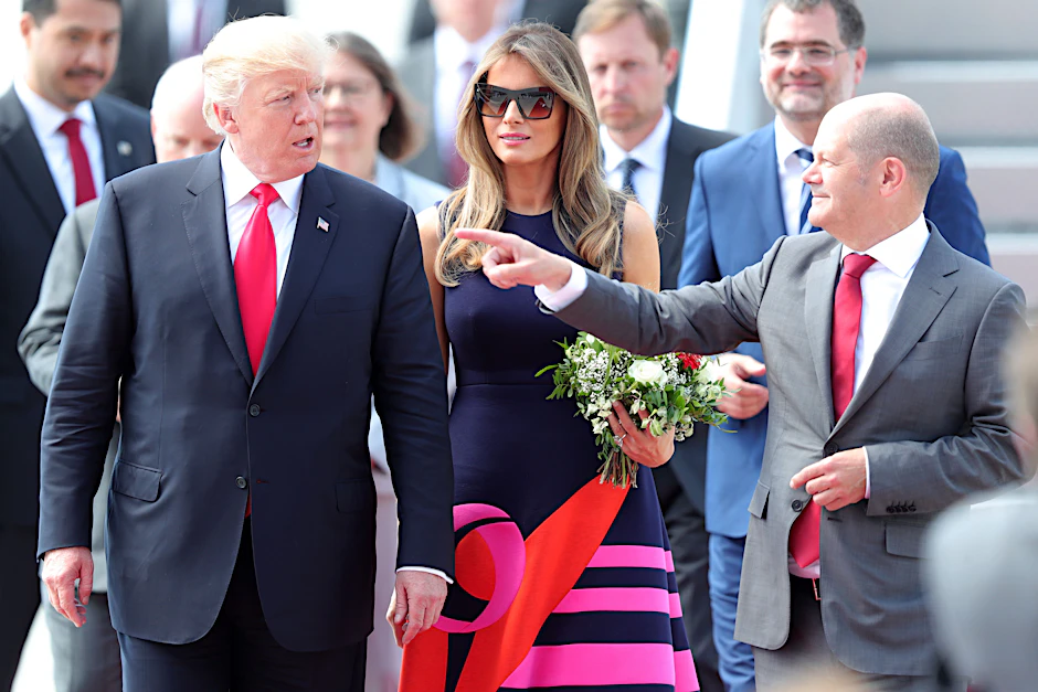 Donald Trump bei einem Besuch in Hamburg 2017, wo er auf Olaf Scholz traf.