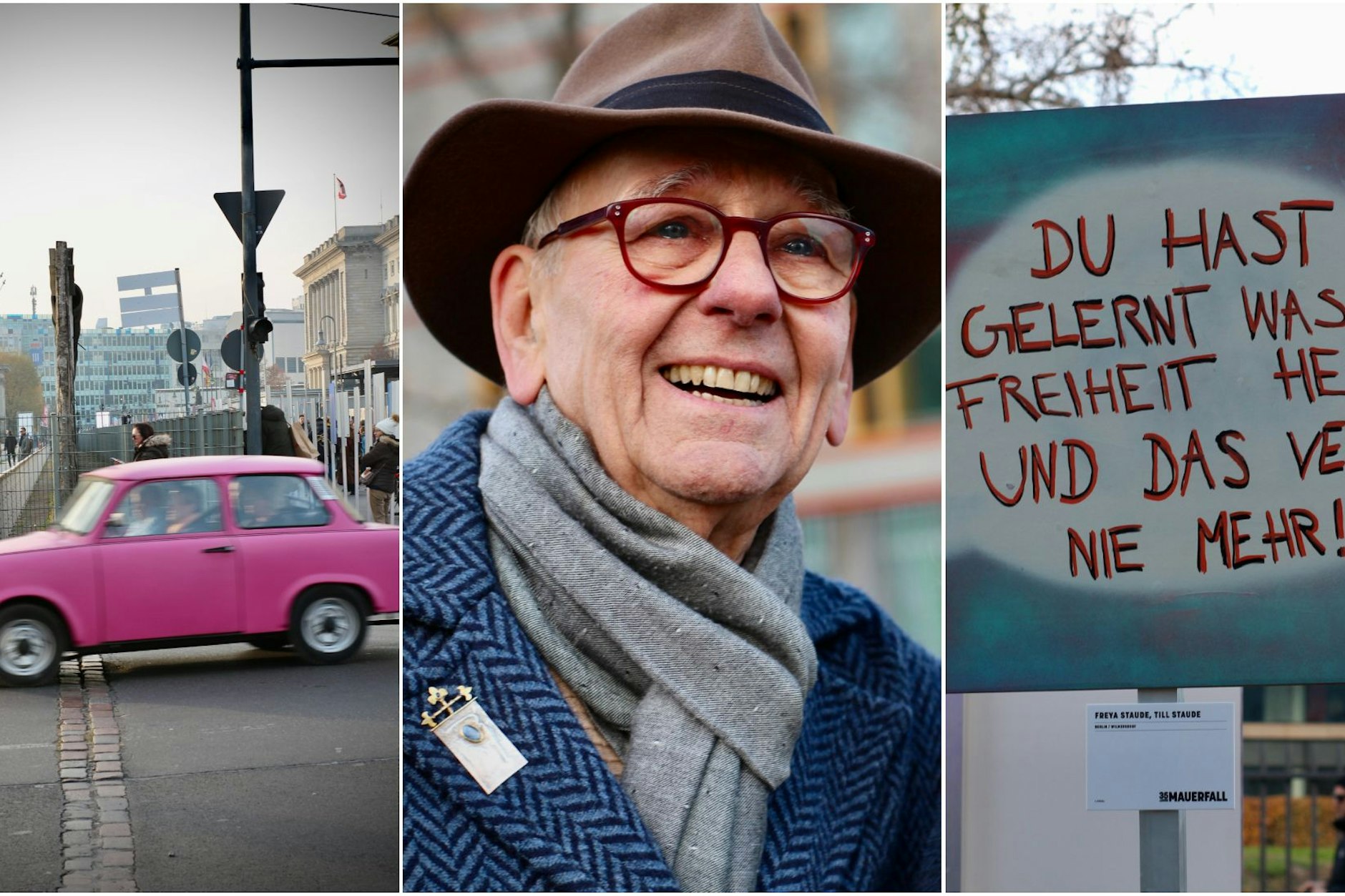 Anlässlich des 35. Jahrestags des Mauerfalls am 9. November 2024. Die Reste der Mauer; der West-Berliner Wilfried, der zu Tränen gerührt an die Einheit erinnert und eines der Kunstwerke am ehemaligen Mauerverlauf.