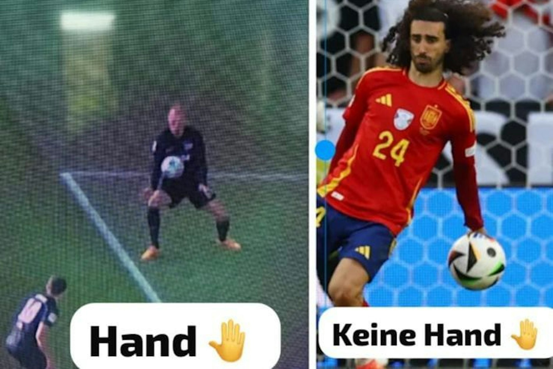 Ein kreativer Internet-User machte sich über den VAR-Witz so lustig. Er zeigte Herthas Thorsteinsson bei der Ballananahme mit der Brust und Spaniens Marc Cucurella, dessen Handspiel nicht geahndet wurde.