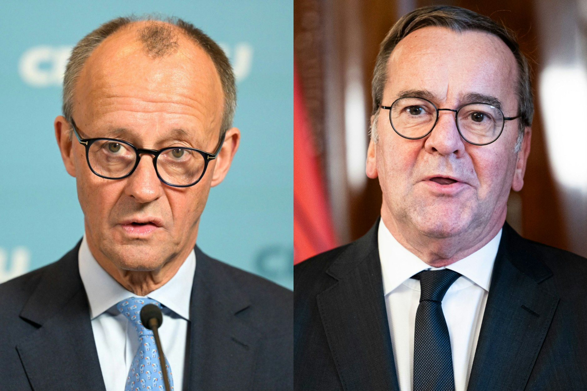 CDU-Chef Friedrich Merz (l.) hat scharfe Konkurrenz im Rennen ums Kanzleramt. Boris Pistorius (SPD) ist weit beliebter als er.