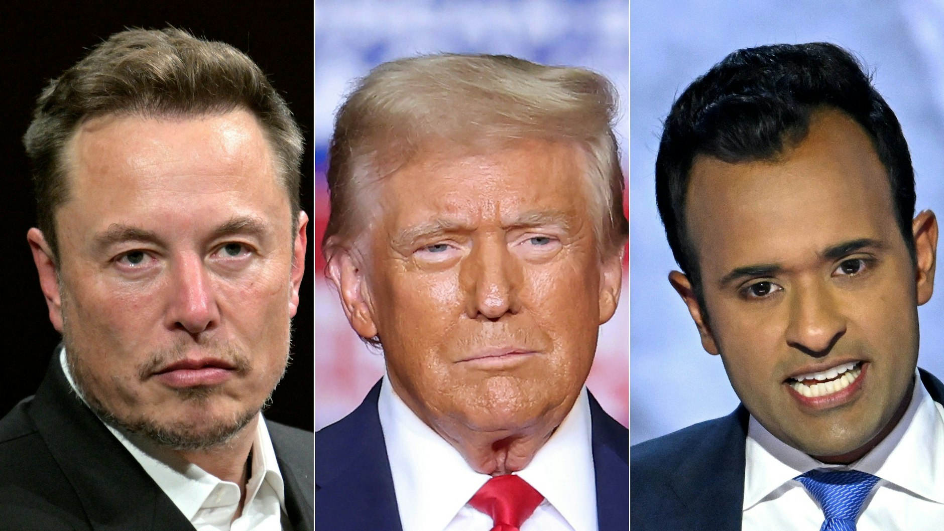 Elon Musk (l) und Vivek Ramaswamy (r) sollen  Donald Trump (M) helfen, die Regierungsausgaben drastisch zu kürzen.