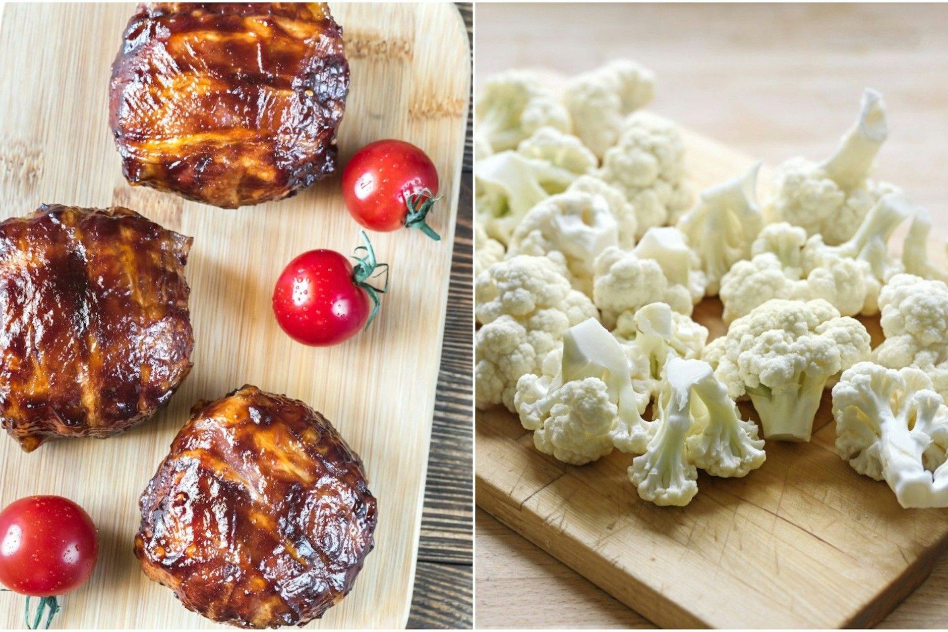 Außen haben die Hackfleischkugeln eine knusprige Speckschicht, innen wurde der Blumenkohl versteckt.