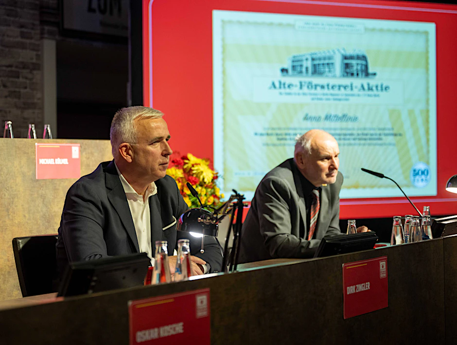 Union-Präsident und&nbsp;Aufsichtsratschef der Stadionbetriebs AG Dirk Zingler (l.) sowie der&nbsp;Vorstandsvorsitzende der Stadionbetriebs AG Dirk Thieme