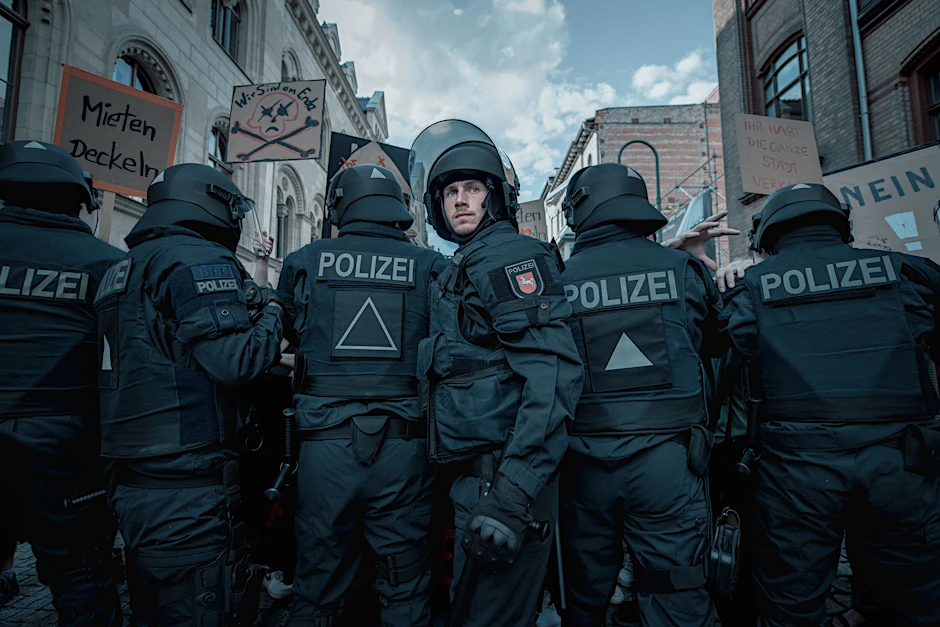 Polizisten um den Gruppenführer Jan Vogt (Justus Johanssen, M.), Szene aus dem ZDF-Drama „Allein zwischen den Fronten“