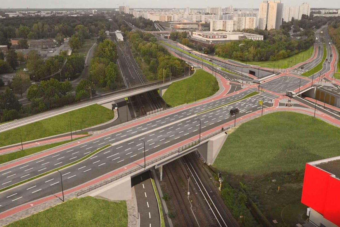 Die Simulation zeigt, wie der östliche Bereich des Marzahner Knotens künftig aussehen soll. Rechts unterfährt die Märkische die Landsberger Allee. In der Mitte verlaufen die Gleise der S7 und der Regionalbahn RB25.