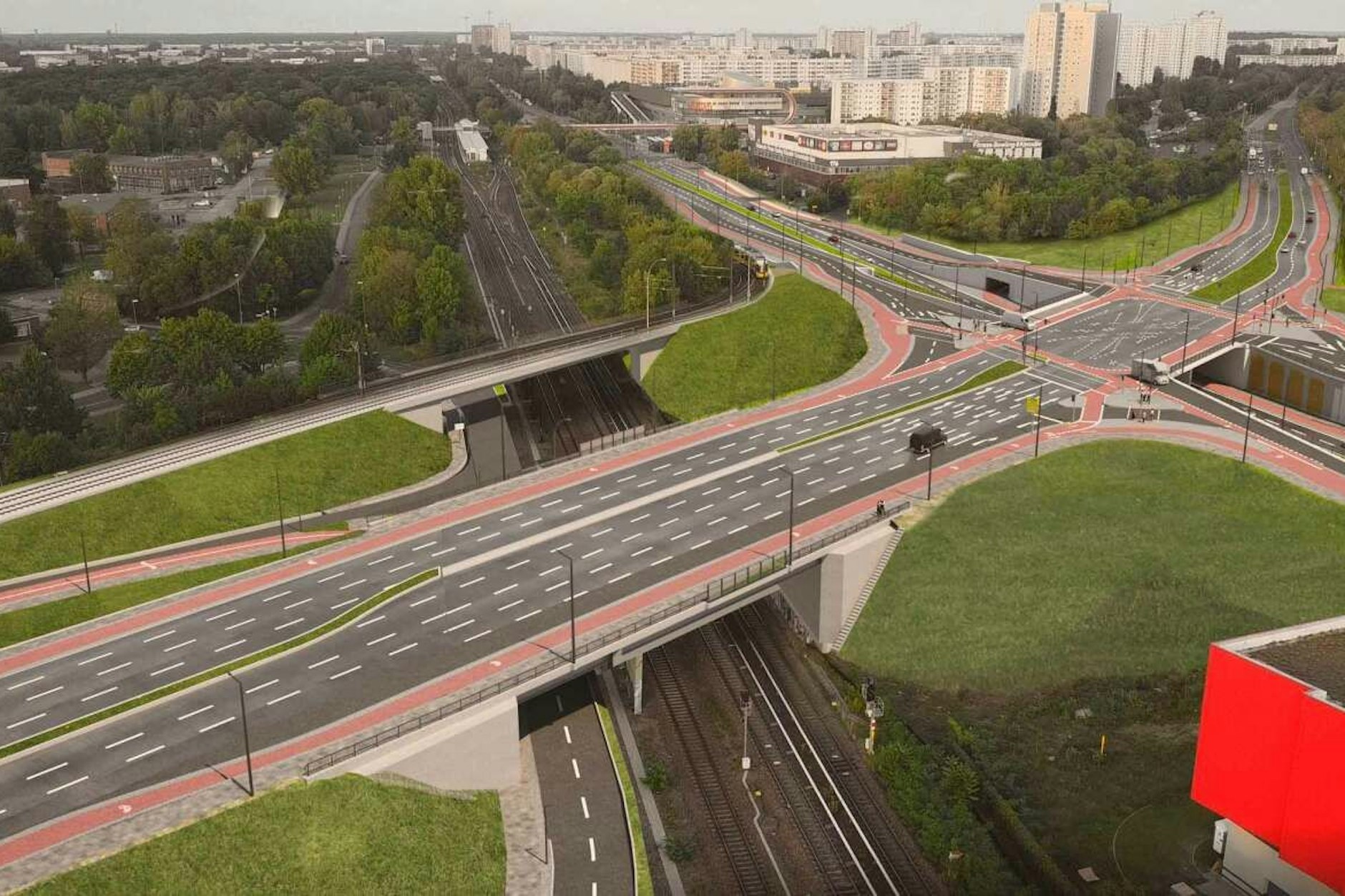 Die Simulation zeigt, wie der östliche Bereich des Marzahner Knotens künftig aussehen soll. Rechts unterfährt die Märkische die Landsberger Allee. In der Mitte verlaufen die Gleise der S7 und der Regionalbahn RB25.