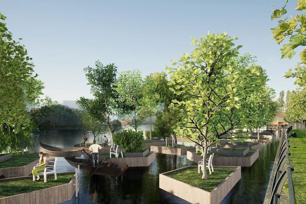 So könnte Mierendorff-Insel in Charlottenburg künftig aussehen. Ein Umgestaltungsentwurf der Berliner Architekten Mario Lindner und Philipp Kleihues.