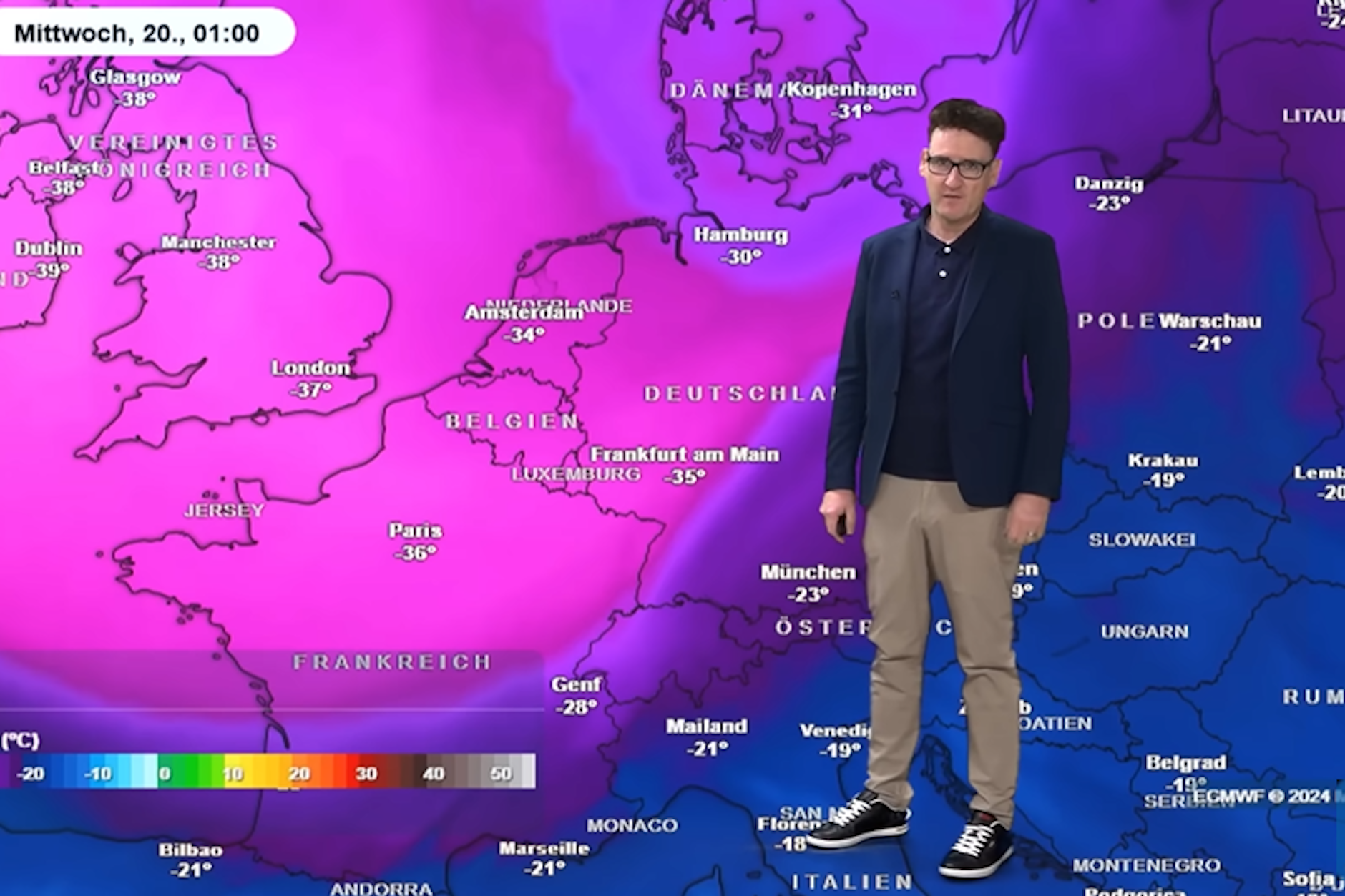 Wetter-Experte Dominik Jung zeigt die Wetter-Karte für kommenden Mittwoch. Es wird bibberkalt.