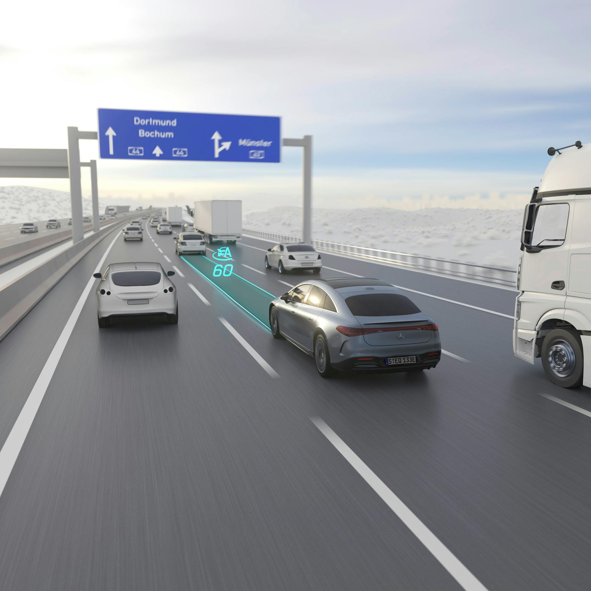 In bestimmten Verkehrssituationen kann der Drive Pilot von Mercedes bis zu einem bestimmten Tempo Fahraufnahmen übernehmen.