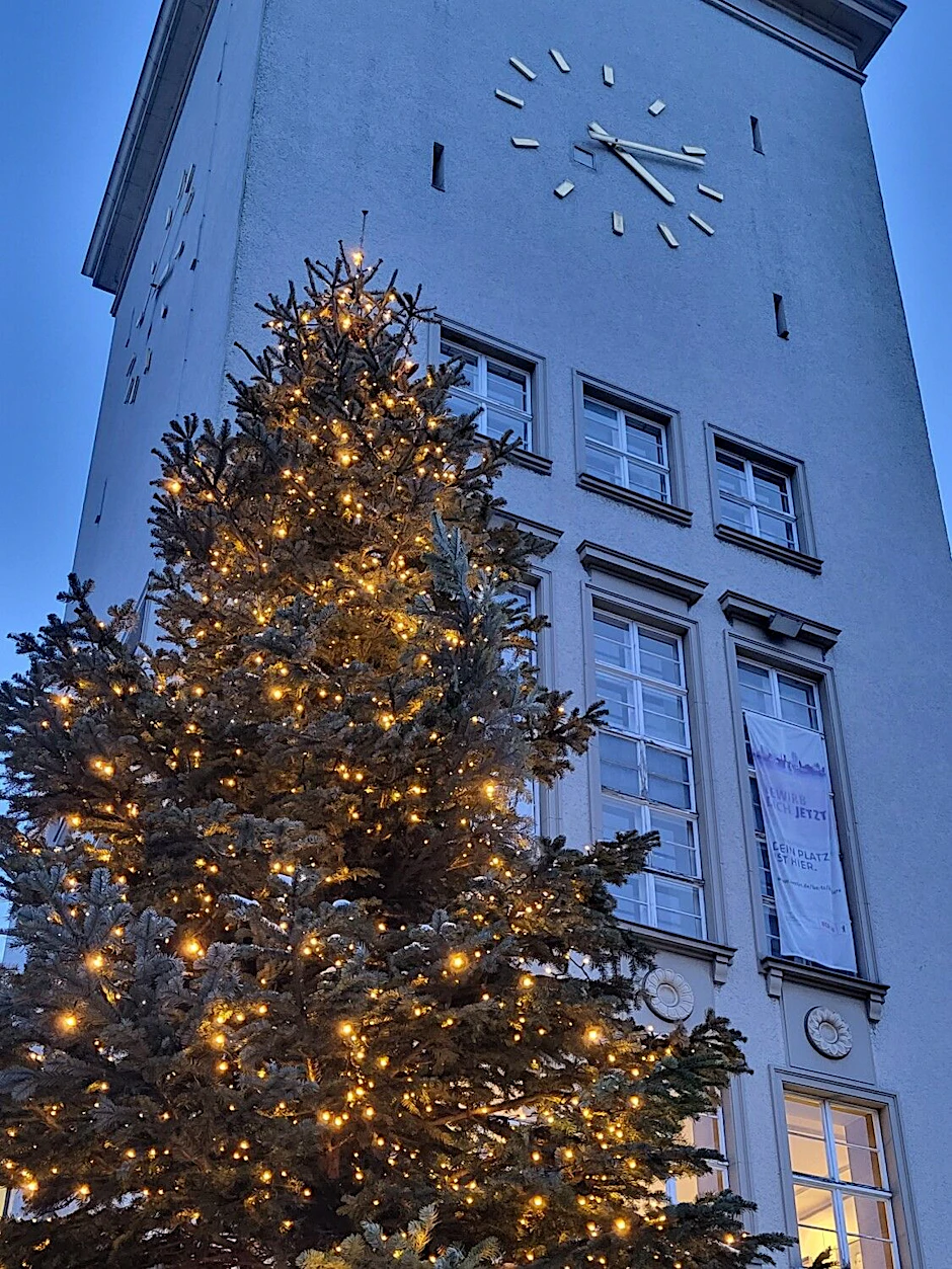Weihnachtsbaum vor dem Rathaus Tempelhof: Am 29. November werden die Weihnachtsbäume vor den Rathäusern wieder feierlich erleuchtet.