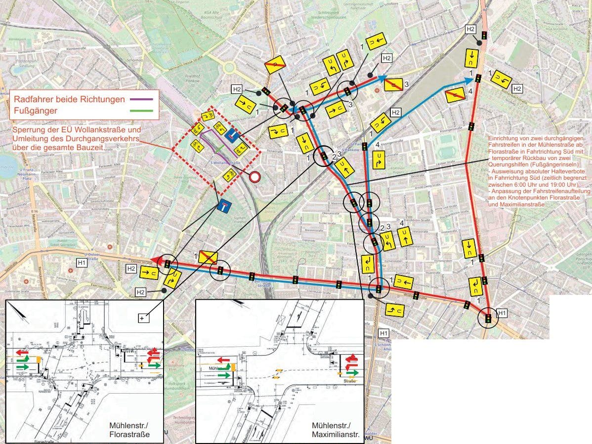 Eine Umleitung neben der anderen: Autofahrer müssen sich ab heute in Pankow auf ein Verwirrspiel auf Umleitungen einlassen. In der Mühlenstraße verschwinden Parkplätze, in der Flora- und der Maximilianstraße werden die Fahrstreifen angepasst.