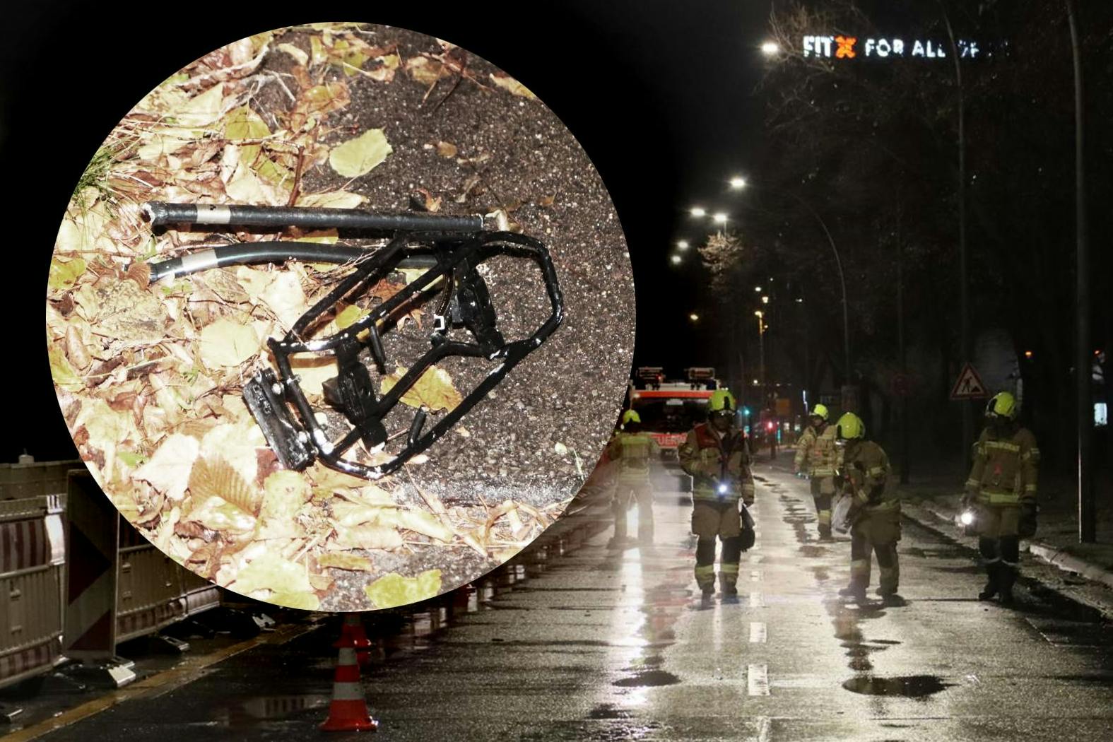 Auf der Landsberger Allee kam es in der Nacht zu Dienstag zu einem tödlichen Crash: Ein BMW erfasste hier einen Radfahrer. Kleines Foto: Auch das Fahrrad wurde zerstört, die Trümmer verteilten sich im Umfeld.