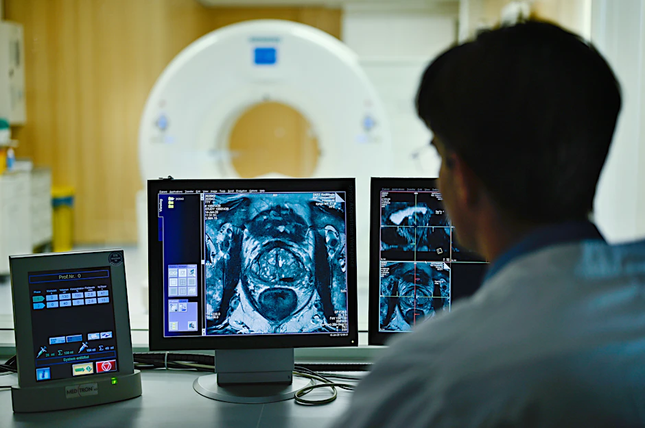 <strong>Ein Mitarbeiter betrachtet in einem Kontrollraum des Deutschen Krebsforschungszentrum (DKFZ) auf einem Monitor das Querschnittsbild einer Prostata.</strong>