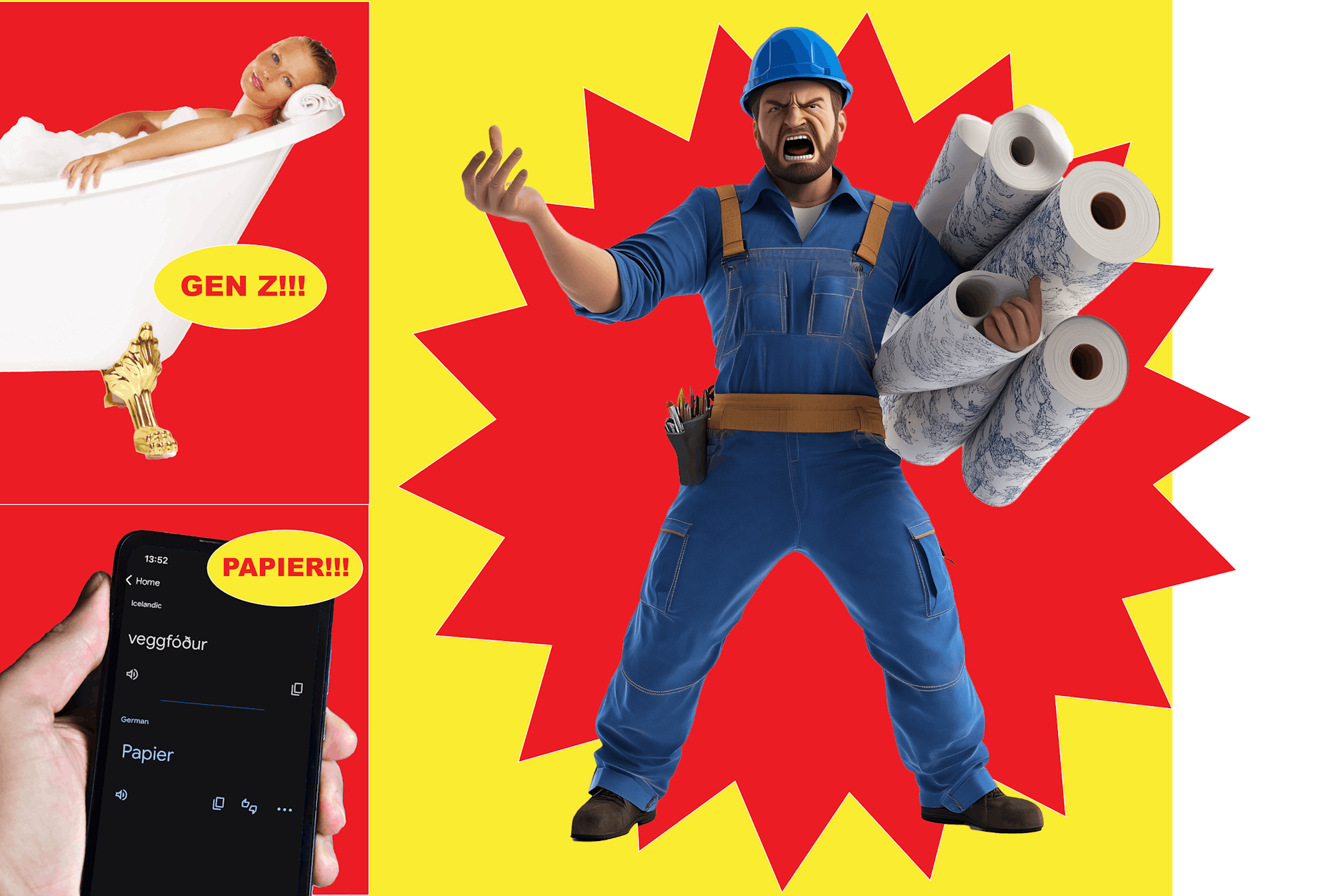 Mit Händen und Füßen – wenn die Verständigung über Tapete zum Slapstick-Moment wird.