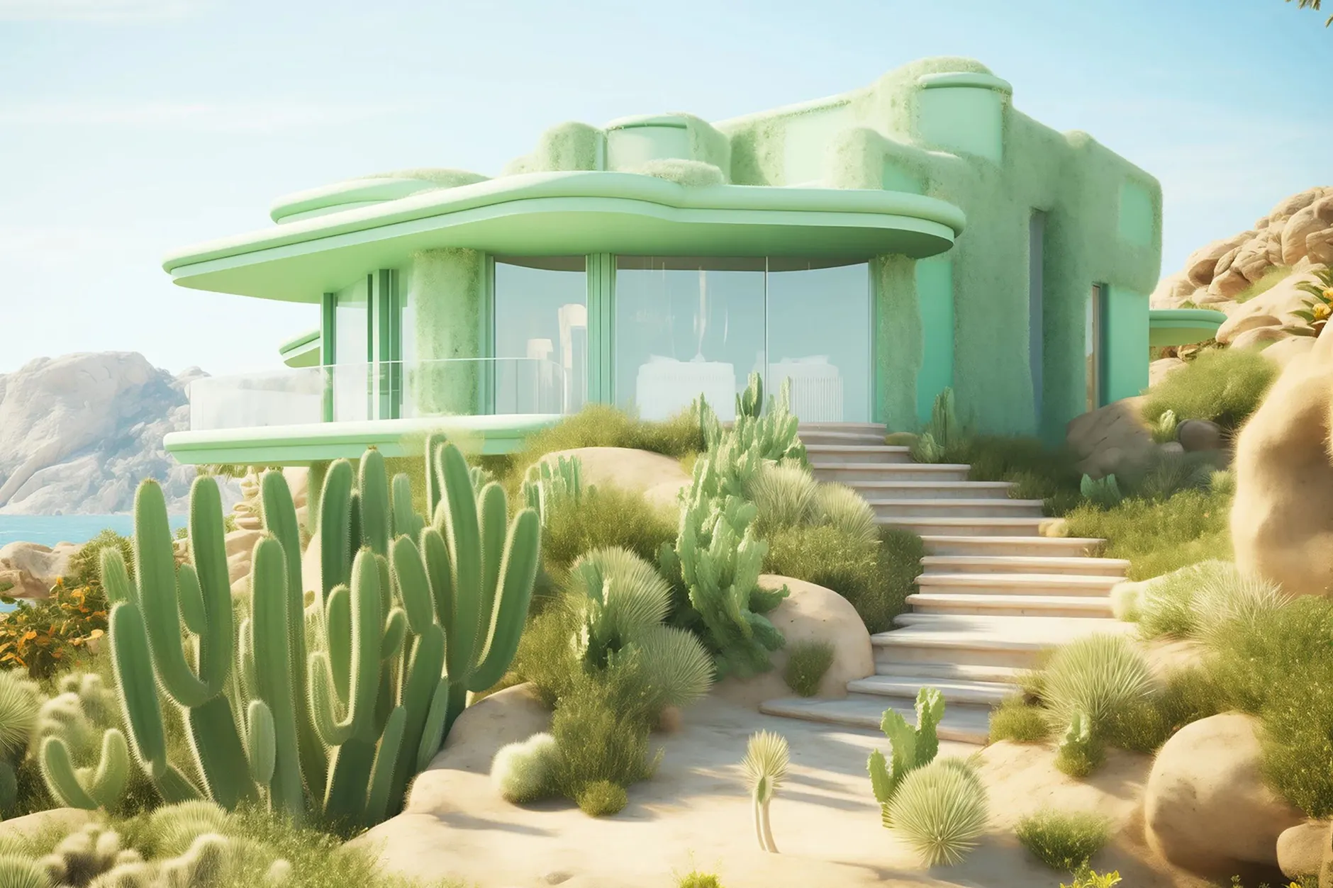 Traumhaus aus Pistazieneis: die KI-Fotovision „Desert Verde“ von Violeta Verve.