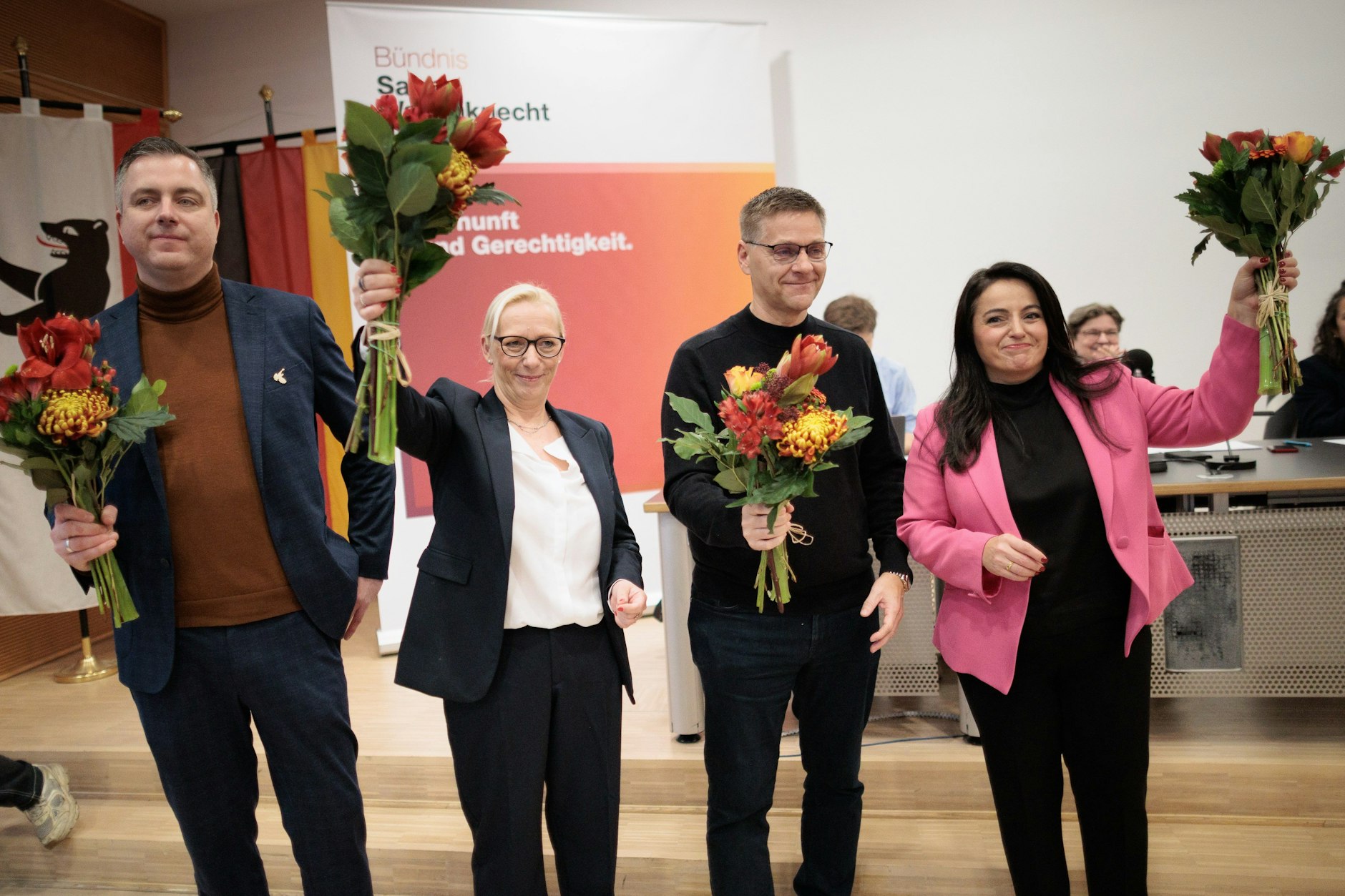 Die ersten Vier der BSW-Landesliste in Berlin: Oliver Ruhnert (2. v. re.) mit Norman Wolf, Josephine Thyret und Sevim Dagdelen