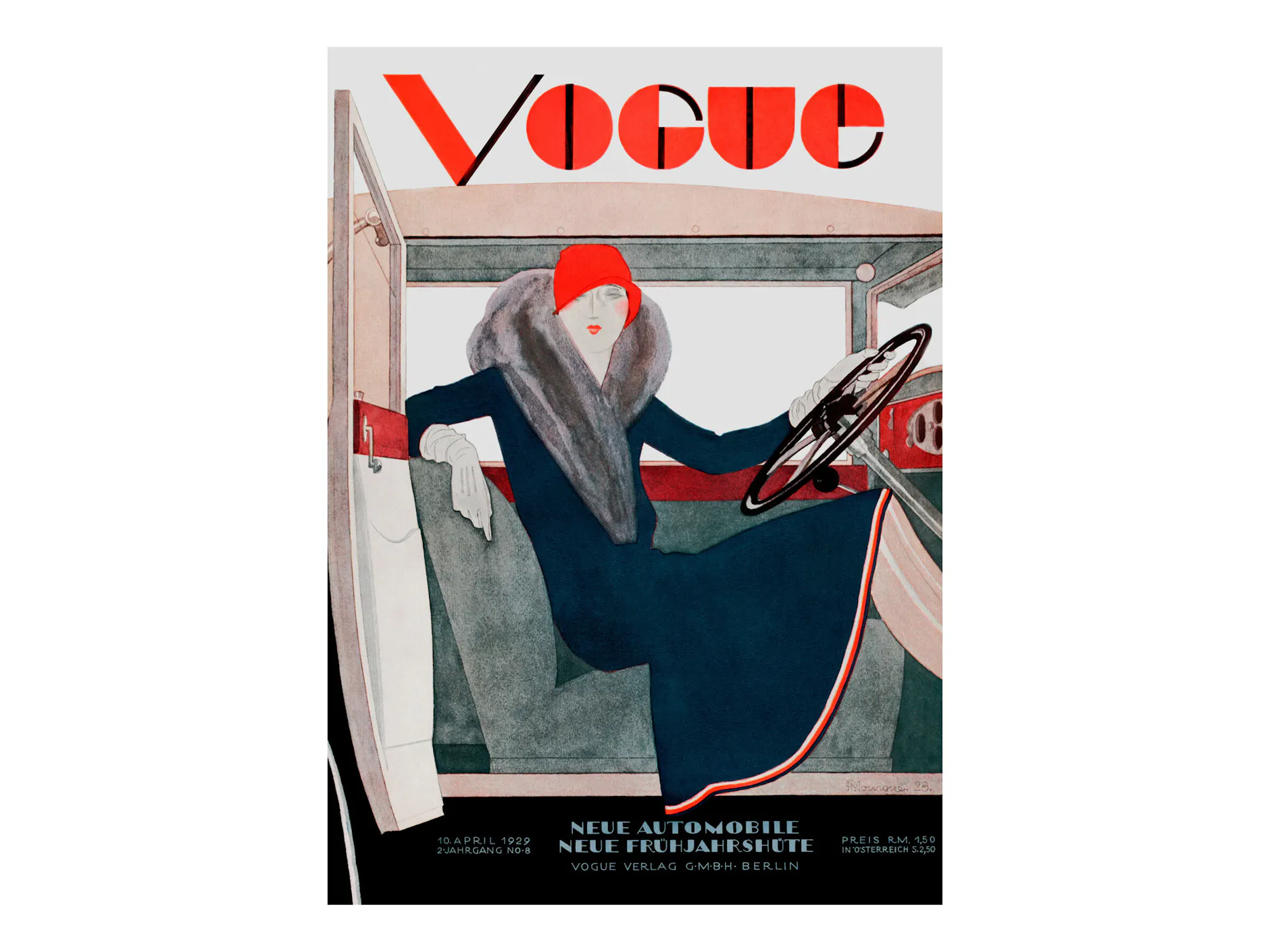 Vogue-Cover April 1929 von Pierre Mourgue: Die 1. deutsche Vogue erschien nur kurz in den 1920ern. Mit Archivstempel, ab 112 Euro.
