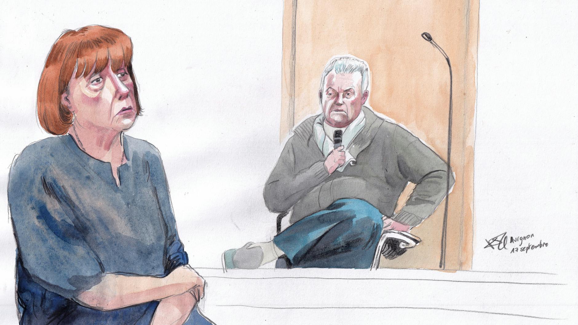 Diese Gerichtsskizze zeigt Gisèle Pelicot (l) und ihren Ex-Mann Dominique Pelicot während seines Prozesses im Gerichtsgebäude in Avignon. Der Hauptangeklagte im Missbrauchsprozess in Avignon ist wegen schwerer Vergewaltigung zu 20 Jahren Haft verurteilt worden.