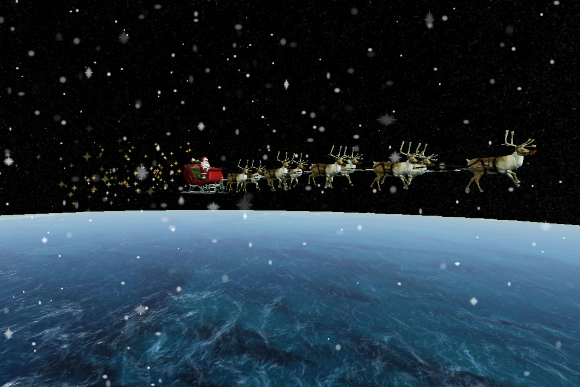 Diese Norad-Animation zeigt den Weihnachtsmann und seine Rentiere über dem Ozean.