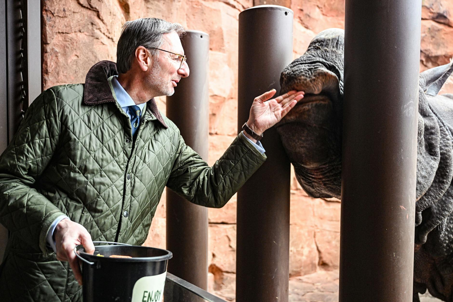 Zoodirektor Andreas Knieriem mit Panzernashorn Betty.