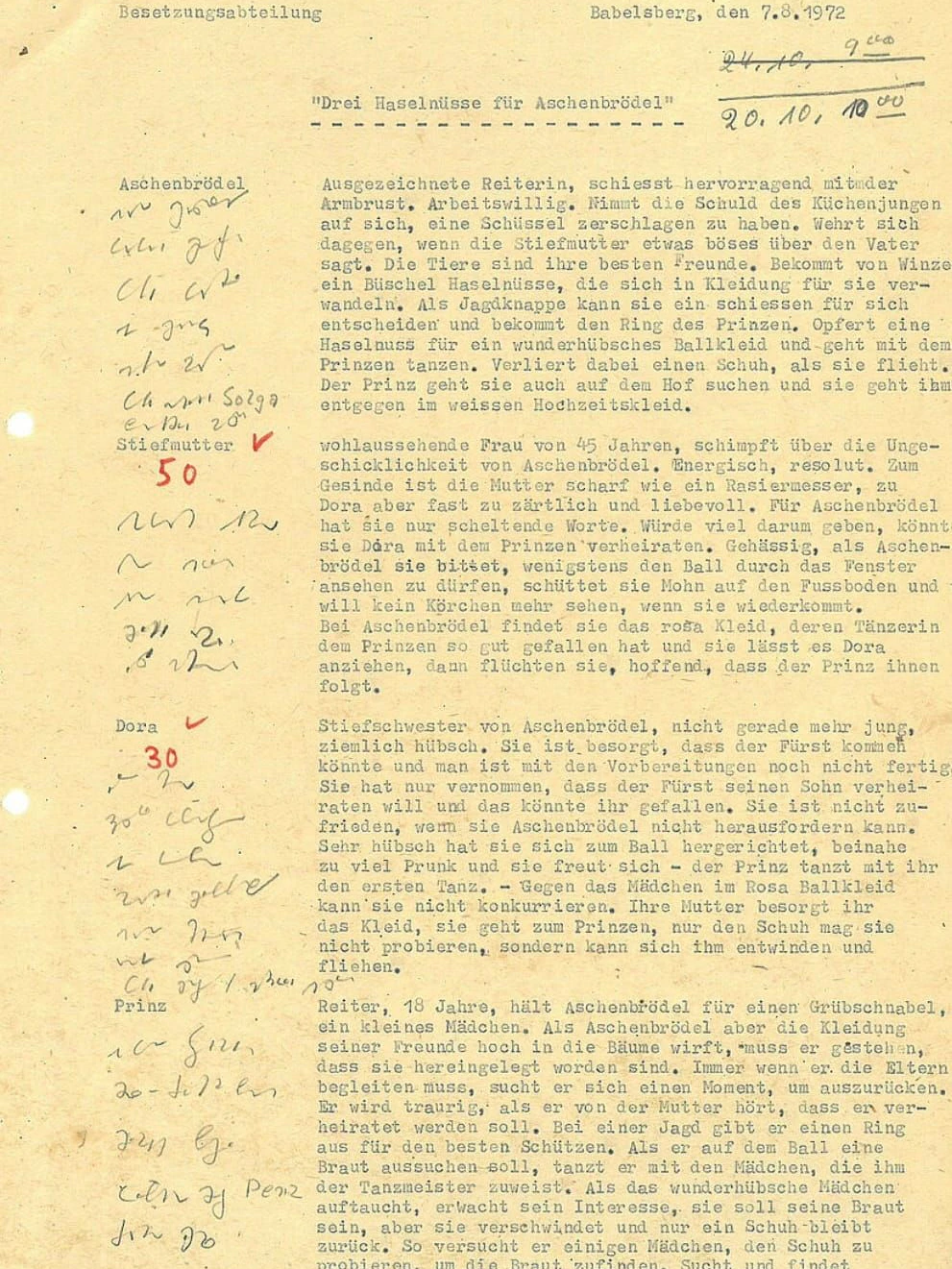 Ein Teil der sogenannten „Akte Aschenbrödel“: Das Drehbuch musste angepasst werden, damit es besser in das Weltbild des DDR-Regimes passte.
