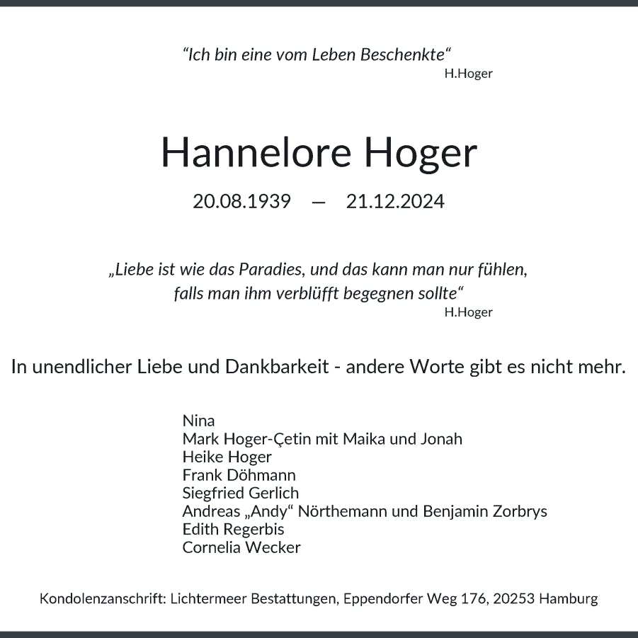 Die Traueranzeige von Hannelore Hoger im Hamburger Abendblatt.