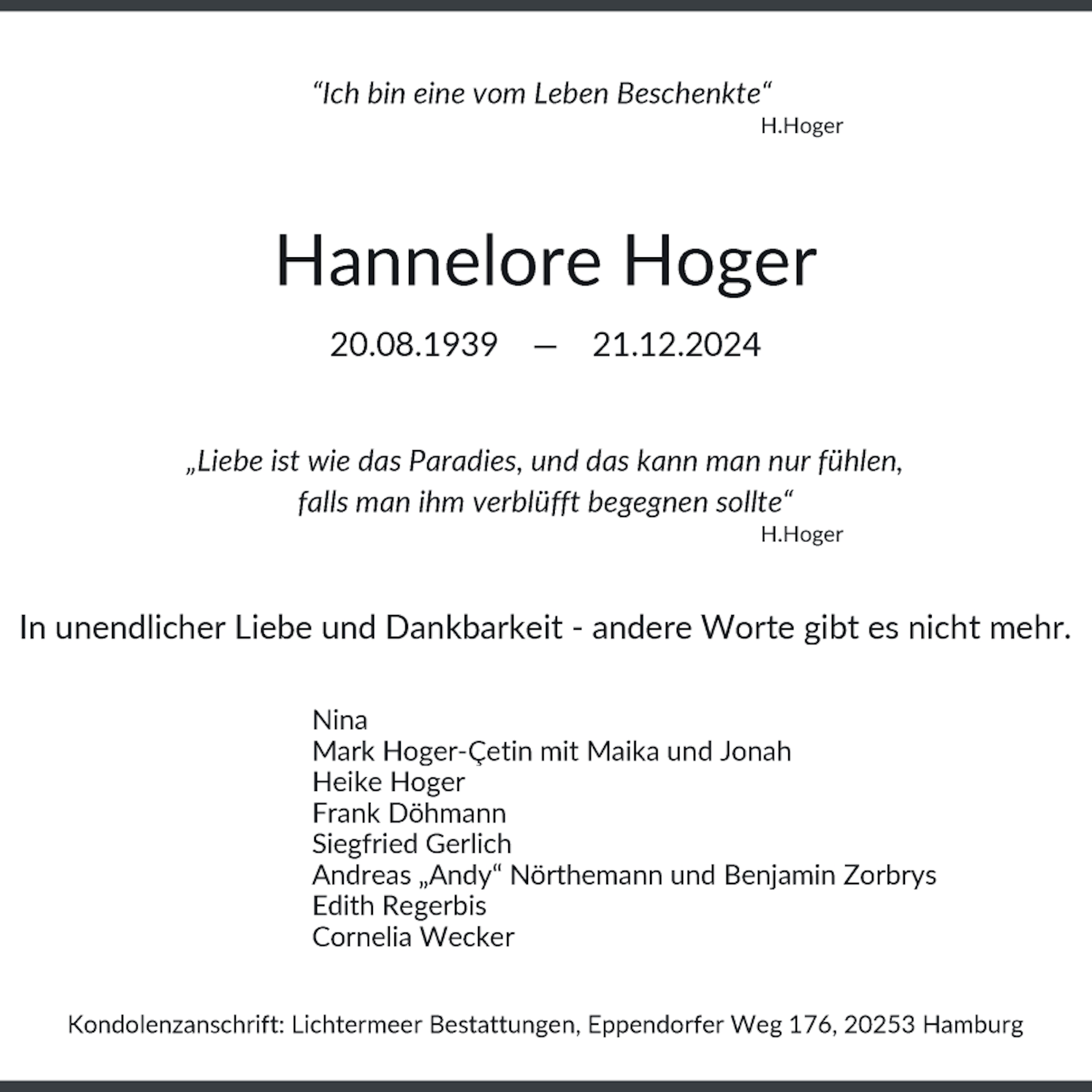 Die Traueranzeige von Hannelore Hoger im Hamburger Abendblatt.