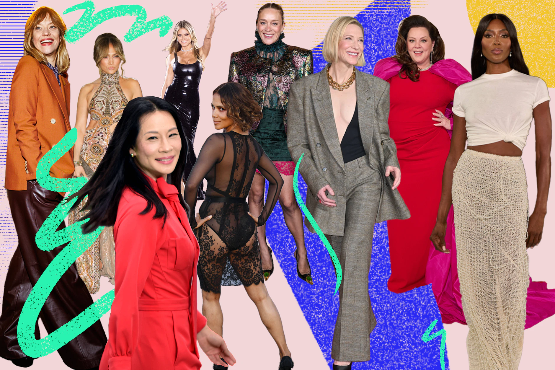 Machen Lust aufs Älterwerden: Heike Makatsch, Jennifer Lopez, Lucy Liu, Heidi Klum, Halle Berry, Chloë Sevigny, Cate Blanchett, Melissa McCarthy und Naomi Campbell (v.l.) sind alle um die 50.