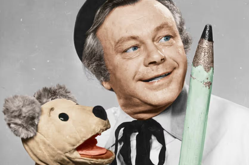 Heinz Fülfe als Taddeus Punkt mit dem Hund Struppi: Ab 1959 begeisterten sie die„ Abendgruß-“Zuschauer des Kinderfernsehens der DDR.