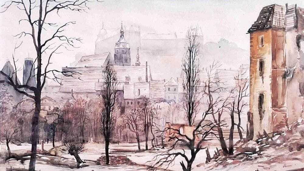 Stadtansicht von Prirna: Diese Aquarell-Zeichnung stammt von Heinz Fülfe, der später als Taddeus Pinkt bekannt wurde. Dieses Bild war kürzlich in einer Sonderschau des Stadtmuseums Pirna zu sehen.