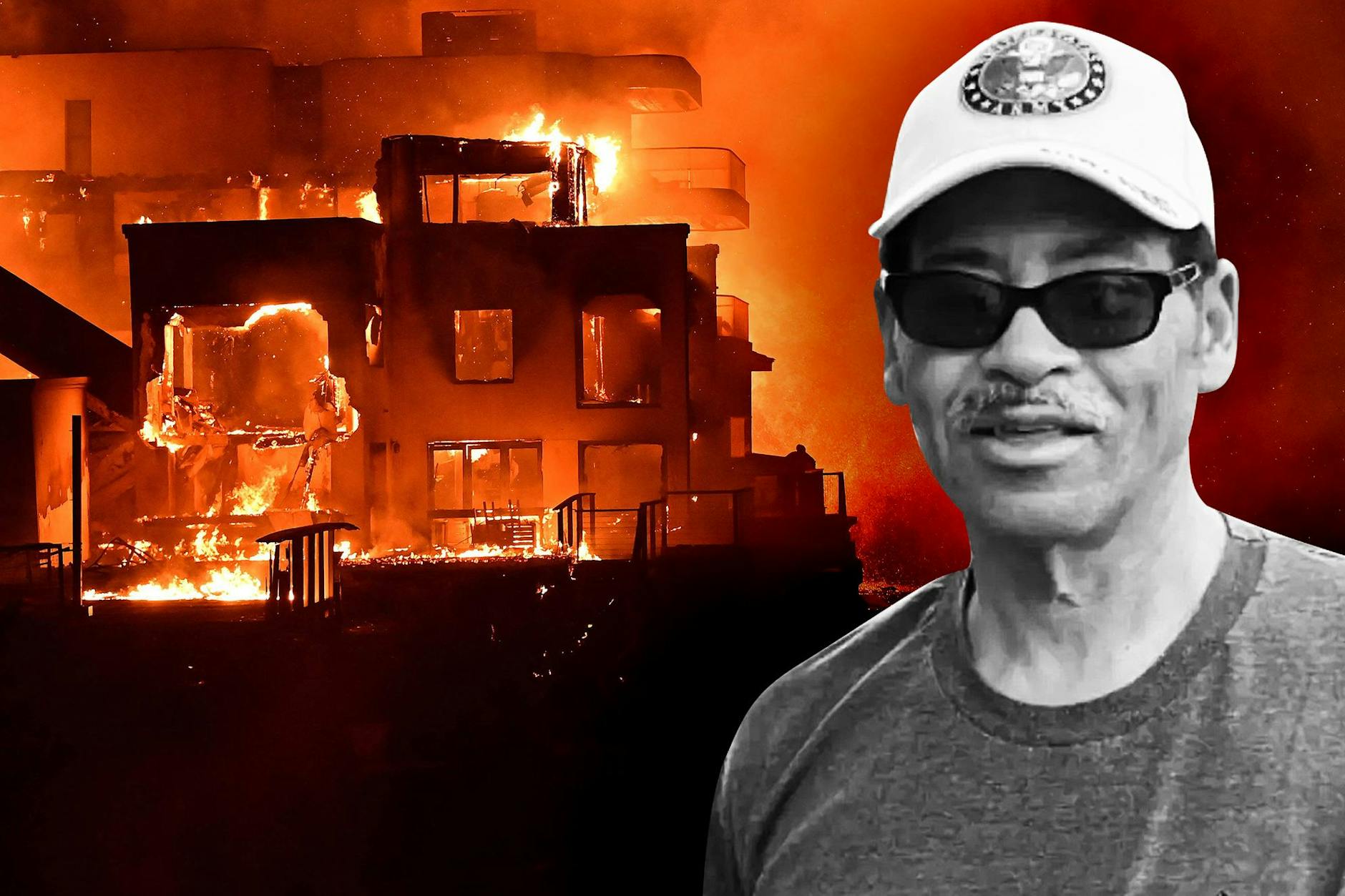 Victor (66) kam in den Flammen ums Leben. Er hatte versucht, sein Haus zu verteidigen. Großes Foto: Etliche Häuser brannten in den vergangenen Tagen ab.