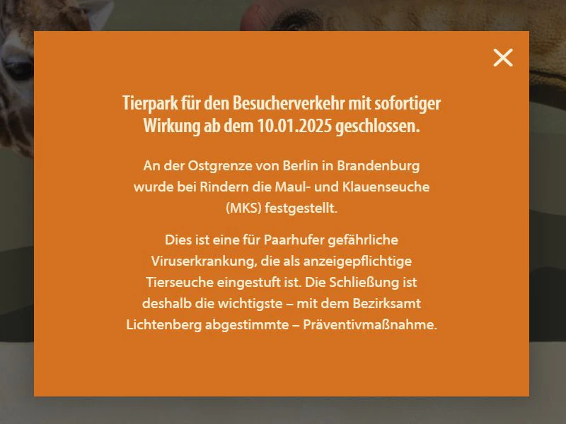 Besucher wurden auf der Website des Tierpark Berlin am Freitag von dieser Meldung empfangen.