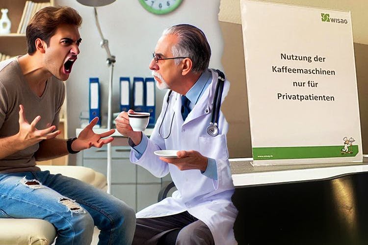 Kaffee nur für Privatpatienten: Dieses Schild fotografierte ein Nutzer auf Reddit, angeblich in einer Arztpraxis. Für die Illustration hat sich eine KI Gedanken um den Kaffee-Zoff gemacht.