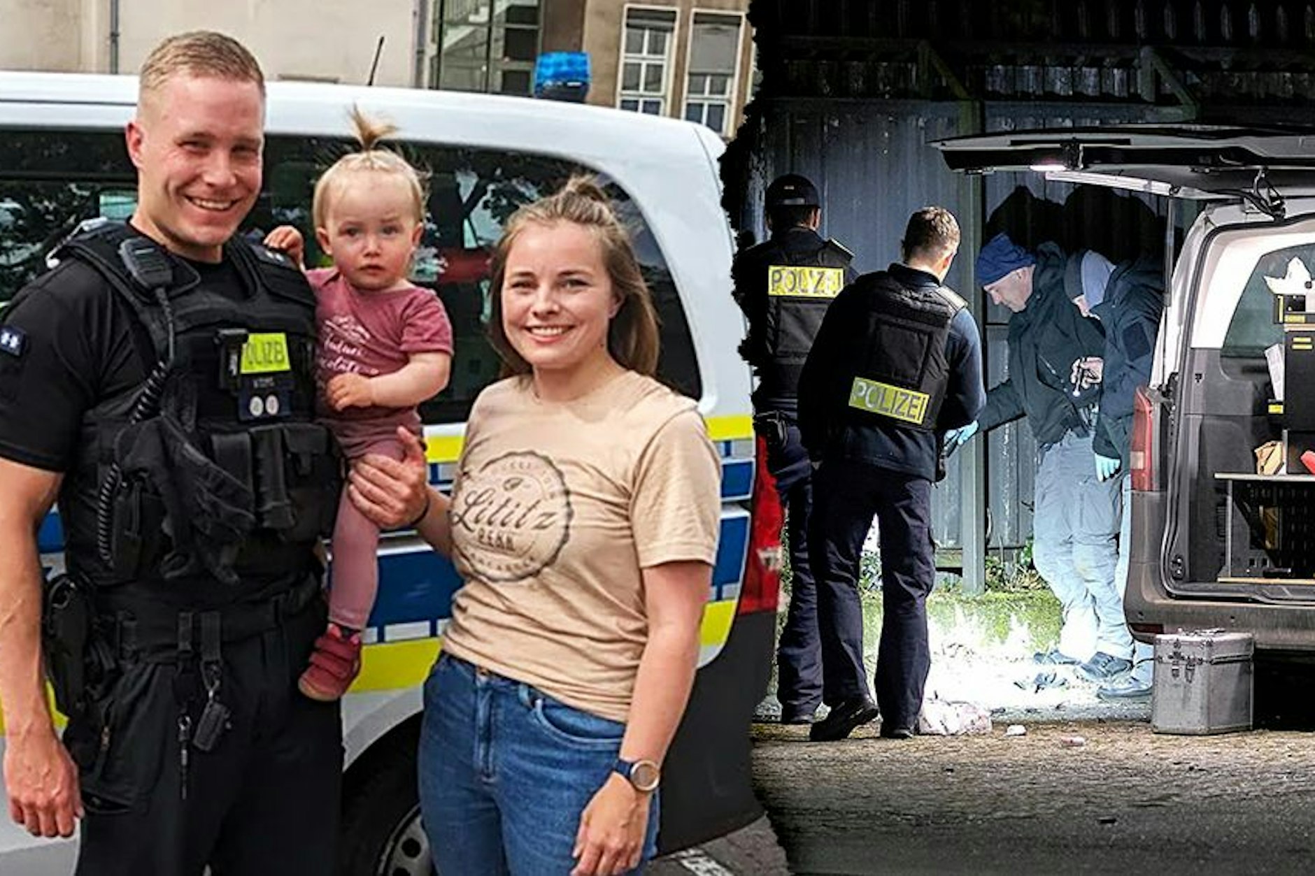 Polizist Benny (31) verlor am 2. Januar das Augenlicht seines rechten Auges. Rechts: Polizisten untersuchen den Unfallort.