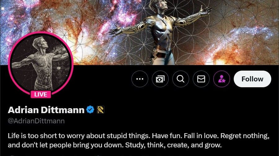 Das Twitter-Profil von Adrian Dittmann. Sein Profilbild wurde mit Künstlicher Intelligenz generiert.