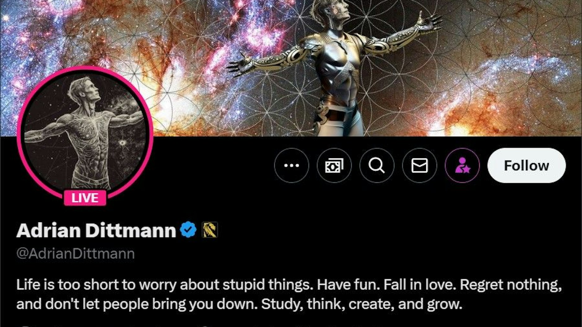 Das Twitter-Profil von Adrian Dittmann. Sein Profilbild wurde mit Künstlicher Intelligenz generiert.