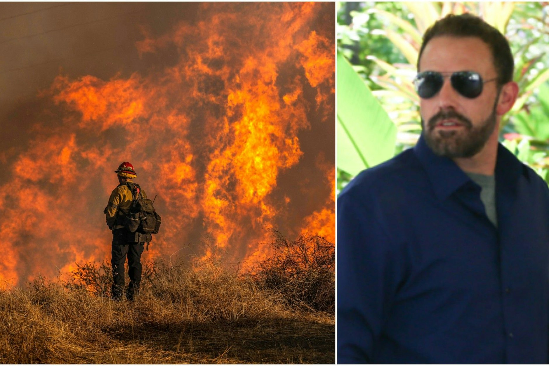 Ein Feuerwehrmann vor dem Inferno im noblen Stadtteil Pacific Palisades in Los Angeles. Das Anwesen von Ben Affleck (re.) wurde verschont.