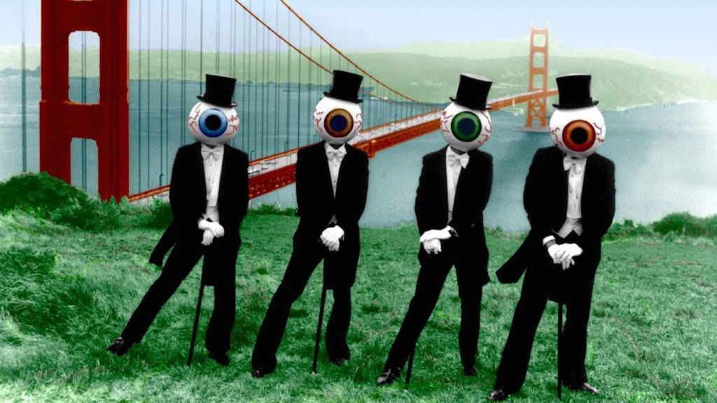 The Residents mit ihrem bekanntestes Outfit, die legendären „Eyeballs“: überdimensionale Augäpfel.