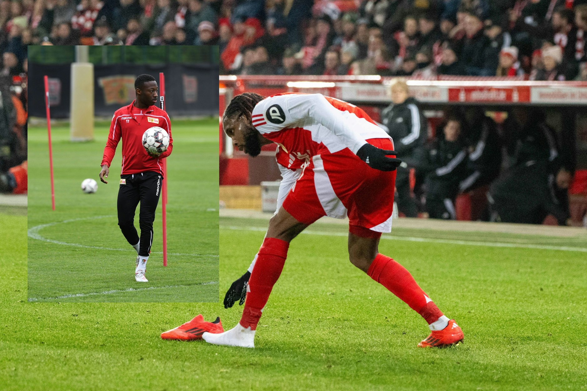 Union-Stürmer Jordan verlor gegen Augsburg seinen Schuh. Seinen Stammplatz muss der bisher so glücklose Angreifer aber nicht räumen – zumindest nicht an Carlos Mane (l.).