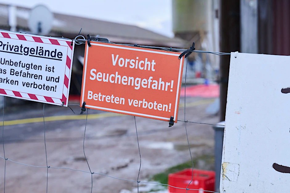 „Vorsicht Seuchengefahr!“ steht auf einem Schild an einem Betrieb in Mehrow. Zum Schutz vor einer möglichen Ausbreitung der Maul- und Klauenseuche sollen am Vormittag vorsorglich rund 200 Schweine im brandenburgischen Landkreis Barnim getötet werden.